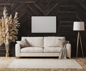 Blank picture frame in modern luxury living room interior with beige sofa and decorative wood wall panel with parquet floor, floor lamp, living room interior background mock up, 3d rendering 
