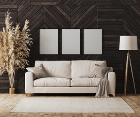 Blank poster frames in modern luxury living room interior with beige sofa and decorative wood wall panel with parquet floor, floor lamp, living room interior background mock up, 3d rendering 