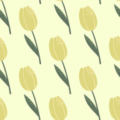 Pale seamless doodle pattern wit tulips silhouettes. Yellow buds with green stems floral ornament.