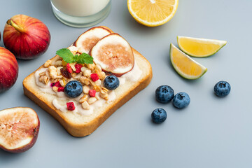 A healthy western breakfast with figs and toast and oatmeal.A western breakfast with fruit and milk