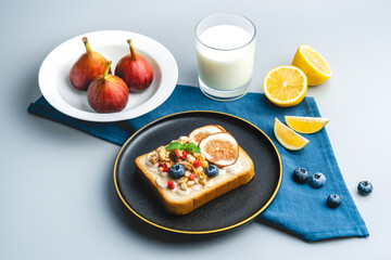 A western breakfast with figs and bread and milk