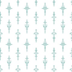Vector seamless pattern with green ethnic ornaments. Lines and geometric figures. White background.