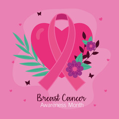 breast cancer awareness pink ribbon with flowers on heart design, october month campaign theme Vector illustration