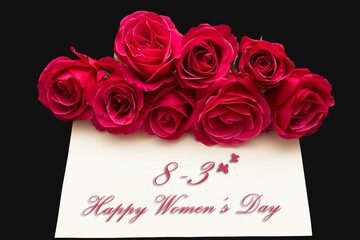 Happy Womans Day March 8th written on white card with red roses