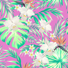 Tropical vector seamless background. Jungle pattern with exitic flowers, and palm leaves. Stock vector. Jungle vector vintage wallpaper