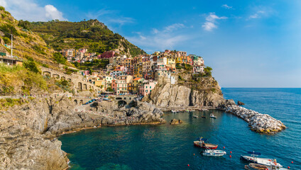 Magnificent landscape panorama of the Manarola marina, the historic colourful houses and the vineyards on the rocky cliff at the coastal area of Cinque Terre on a sunny day with blue sky. 