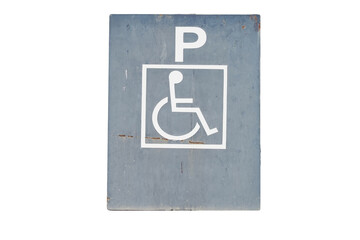 Wheelchair symbol in a Parking Lot marks disabled parking space. White icon a metal square sign condition old isolated on a white background , Ideal for use in the design.