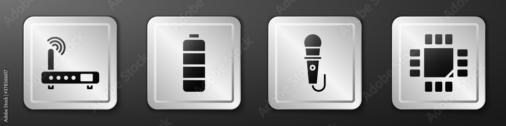 Poster set router and wi-fi signal, battery charge level indicator, microphone and processor with microcirc