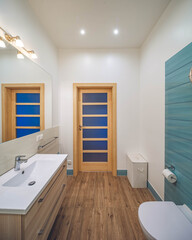 Modern interior of luxury bathroom. Wooden door. White wall. Sink and mirror. Blue tile. WC toilet.
