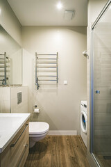 Contemporary interior in light tones of modern bathroom. Shower cabin. Sink and mirror. WC toilet.