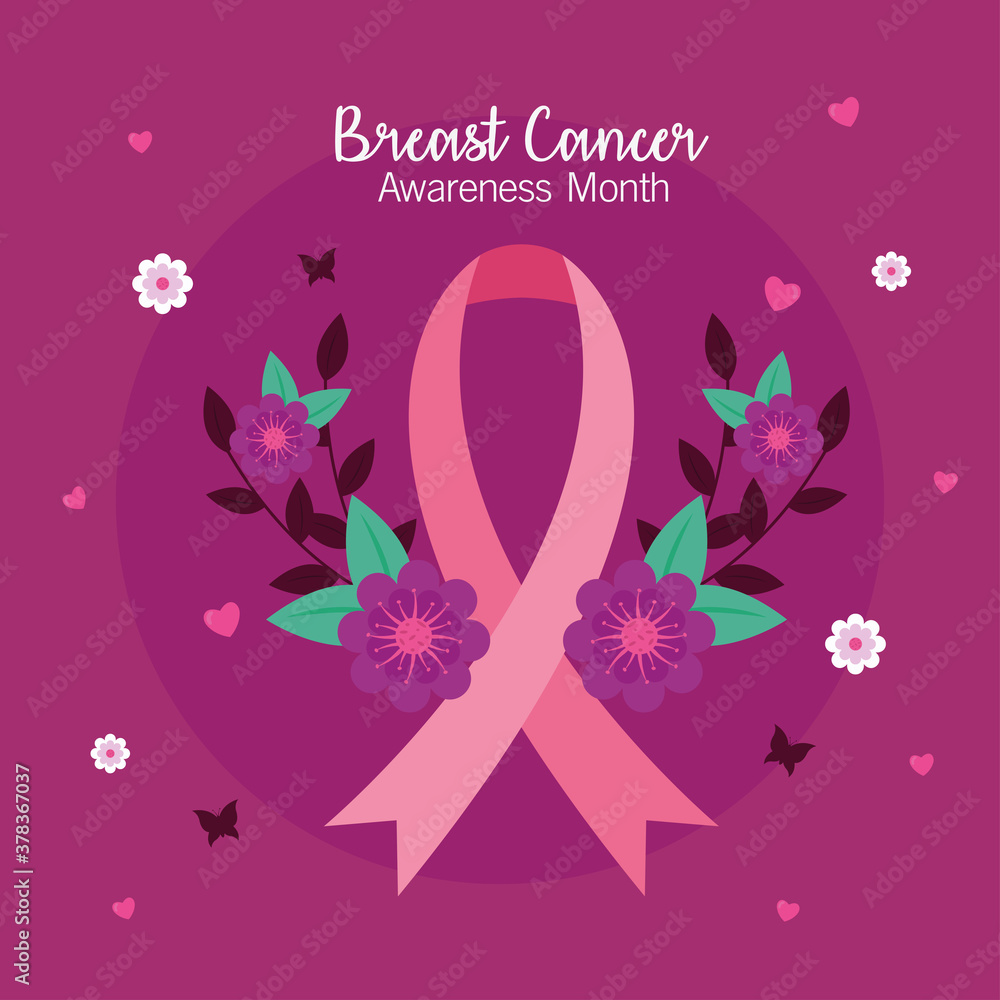 Wall mural breast cancer awareness pink ribbon with flowers design, october month campaign theme vector illustr