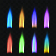 Flame of burning gas, different colors of chemical combustion, on transparent background. Vector Illustration.