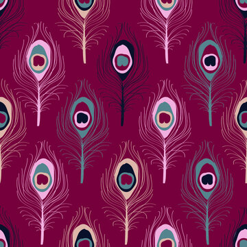 Seamless pattern with peacock feathers in wine color