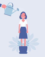 Growing female talent, business, personal development. Helping woman grow in plant pot, watering to support, make strong, healthy, professional growth, training. Vector creative stylized illustration
