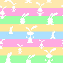 Seamless striped colored background with white silhouettes of rabbits