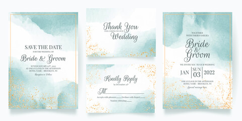 watercolor creamy wedding invitation card template set with golden floral decoration 