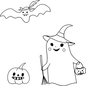 Halloween coloring book. Vector illustration of cute chost with pumpkin and bat in a hat on white background.
