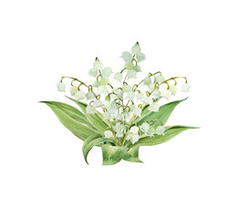 watercolor flower arrangement with bouquets of white lilies of the valley