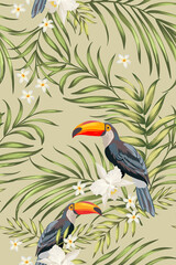 Tropical seamless pattern with bird and exotic flowers. Summer background with hibiscus flowers and palm leaves.