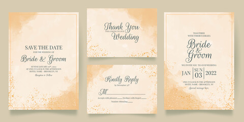 watercolor creamy wedding invitation card template set with golden floral decoration 