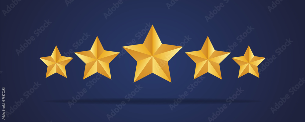 Wall mural five golden realistic stars. vector golden 3d isolated five stars on dark blue background. customer 