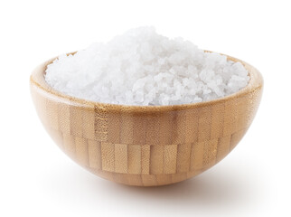 Sea salt in wooden bowl isolated on white background with clipping path