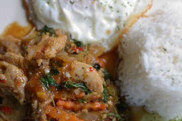 Stir Fried Thai basil with chicken and fried egg.