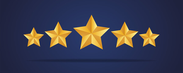 Five golden realistic stars.  Vector golden 3d isolated five stars on dark blue background. Customer feedback concept. Vector 5 stars rating review. Quality shape design.