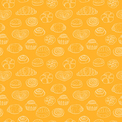 Seamless pattern bakery, vector illustration, sketch, orange background