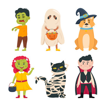 Set of children, cat and dog characters in halloween costumes. Halloween outfits collection. Vector cartoon illustration.
