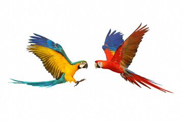 Macaw parrots flying isolated on white background.