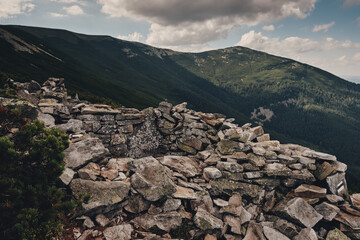 Gorgany ridge in Ukraine Carpathians Mountains. Summer sunny day. Sivulya and Icrovec mountains.