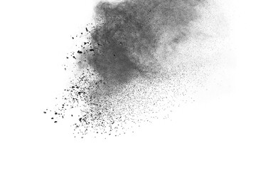 Black powder explosion on white background. 
