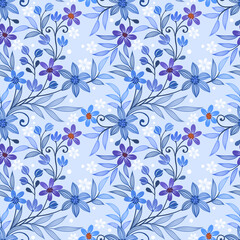 Seamless floral pattern on blue monochrome background fabric textile wallpaper.