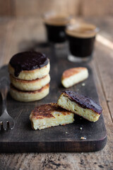 Tofu fritters with chocolate and coffee shot 
