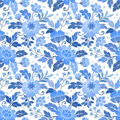 Seamless floral pattern on blue monochrome background fabric textile wallpaper.