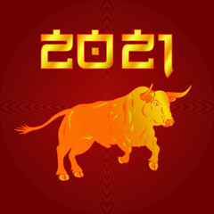 The bull is the zodiac symbol of 2021. Year Of The Bull. Golden bull on a red background. Illustration for New year and Christmas.