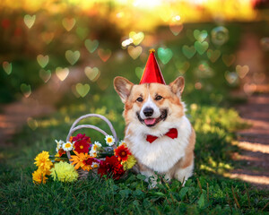 holiday card with a cute corgi dog sitting on a green meadow in the garden with a basket of flowers and in a hat among sun glare and hearts