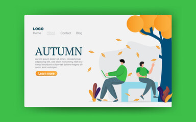 concept landing page, a man working on an outdoor project with a friend. the concept of a green background. in the fall. Flat character. Vector