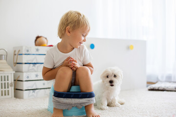 Blond toddler child, using potty at home, little pet maltese dog next to him