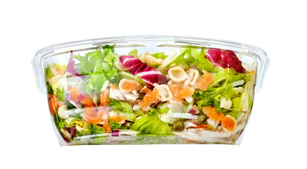 Smoked salmon salad in a studio setting, isolated on white