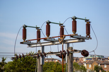 the electricity pylons of an electricity substation