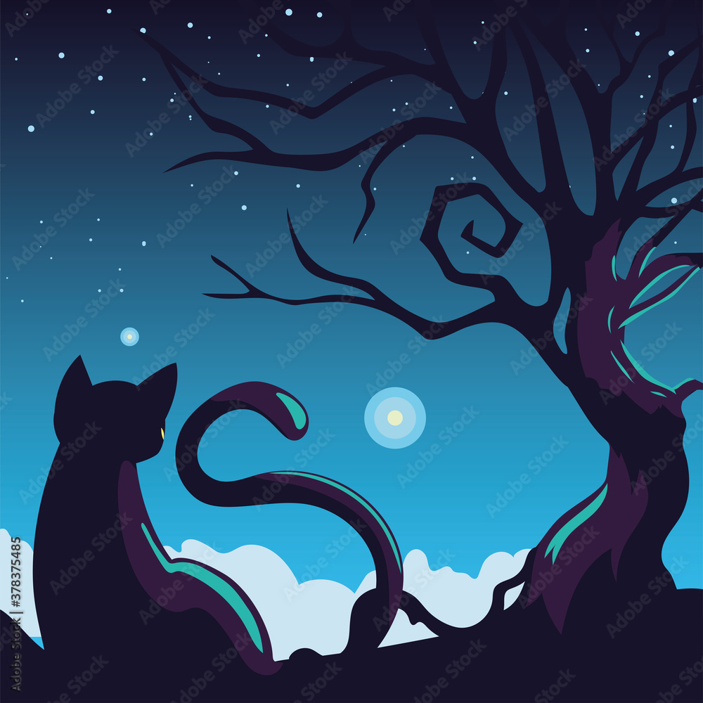 Poster halloween background with cat in dark night