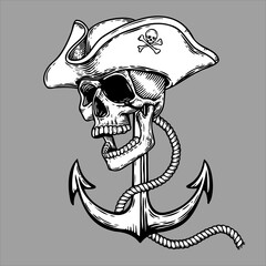 Dead pirate skull head symbol with capitan hat and anchor and rope. © Eugene