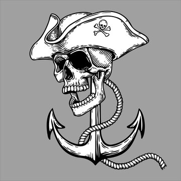 recommend clip art: Dead pirate skull head symbol with capitan hat and anchor and rope.