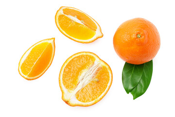sliced orange with green leaf isolated on white background top view