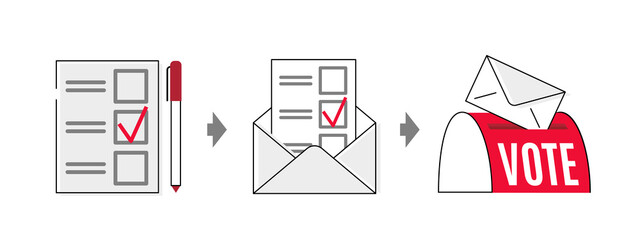 Vote by mail vector manual illustration on white background. Voting form, envelope, post box. Elections during quarantine concept.