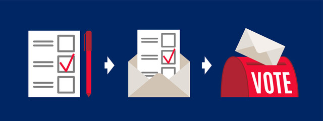 Vote by mail vector manual illustration on blue background. Voting form, envelope, post box. Elections during quarantine concept.