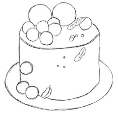 black and white cake with decoration balloons. beautiful dessert. coloring for adults and children. sketch, doodle. drawn with a pencil line. vector eps 10