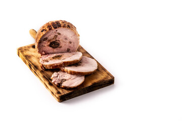 Stuffed chicken with nuts on cutting board isolated on white background.Copy space